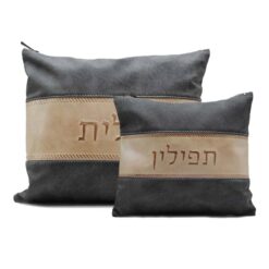 סט נרתיק טלית ותפילין  - דגם רצועת עור גוון אפור