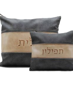 סט נרתיק טלית ותפילין  - דגם רצועת עור גוון אפור